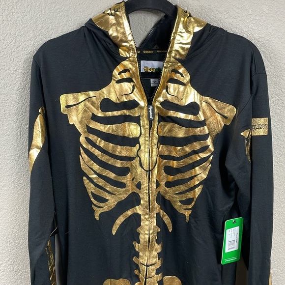 NWT Tipsy Elves Gold Skeleton Costume Zip Hood Onesie Jumpsuit Black Sz M - Picture 5 of 14
